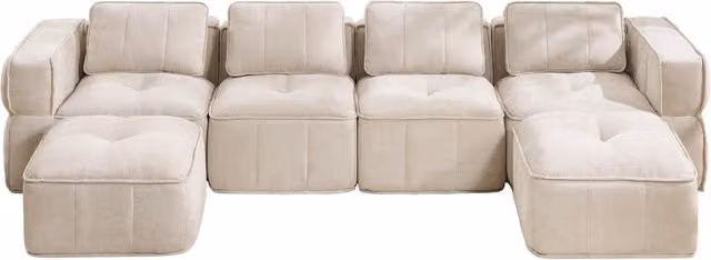 Divano modulare moderno OKWISH beige con pouf coordinato e seduta in schiuma per soggiorno L/P/H: 344 x 75,6 x 67 cm