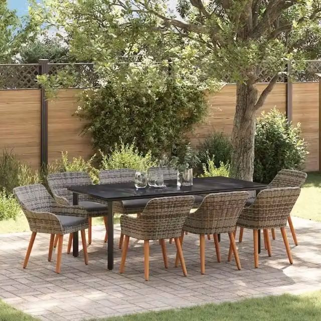 Set da pranzo per giardino e terrazzo vidaXL in polyrattan e vetro grigio, 9 pezzi – 1