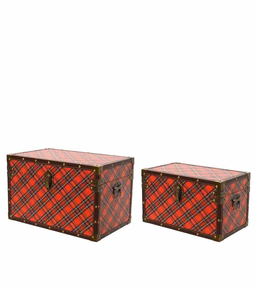 Kaemingk Baule Portaoggetti Tartan Rosso 40x25x25 cm Stile Vintage