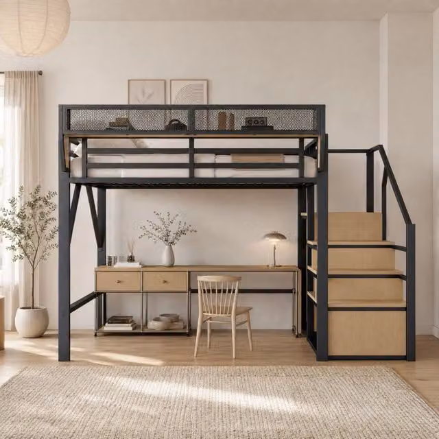 Letto a soppalco in metallo 140 x 200 cm con scala di sicurezza e ripiano regolabile nero