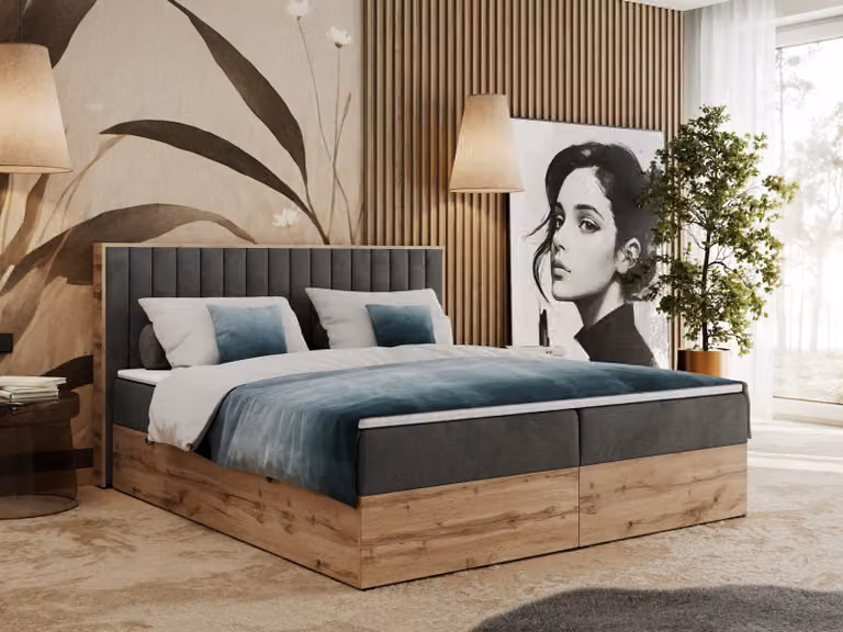 Letto boxspring, due cassetti portaoggetti, set completo con materasso e coprimaterasso - Albero-4 - 140x200 cm - Grigio scuro vellutato - H3