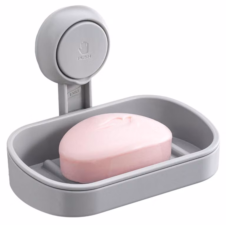 Portasapone da parete grigio con scarico, fissaggio a ventosa, capacità di carico 3 kg, realizzato in ABS e TPE