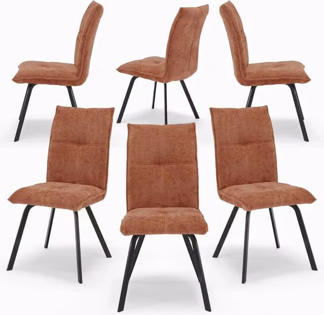 Set 6 sedie imbottite per sala da pranzo LETIZIA, design moderno, gambe robuste in metallo, rivestimento in tessuto spesso e idrorepellente effetto tridimensionale, colore Terra