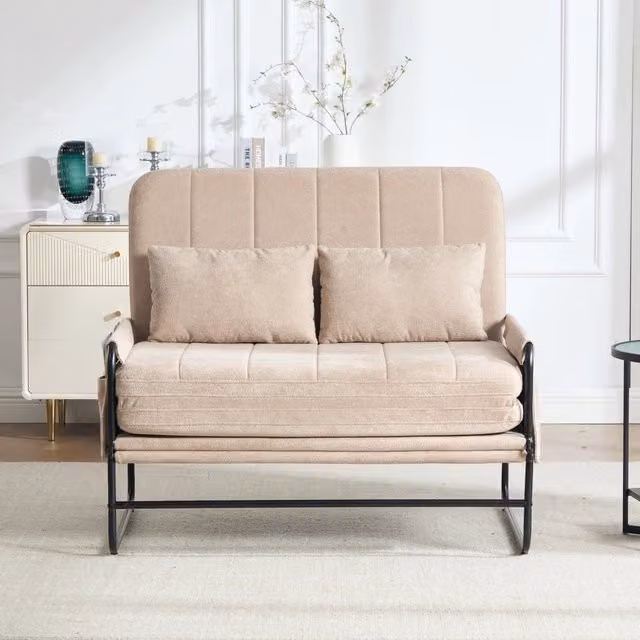 Divano letto due posti trasformabile salvaspazio in ciniglia color kaki con struttura in metallo nero