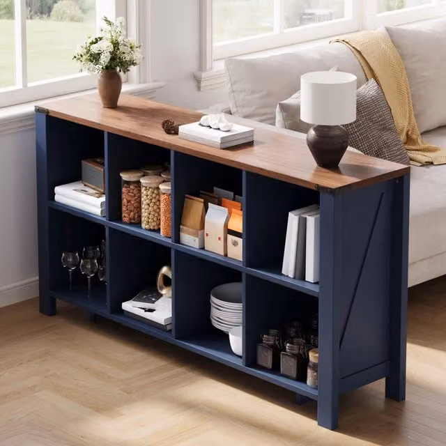 Libreria bassa ULEVR 140x34x75 cm con 8 vani aperti, in MDF blu effetto legno