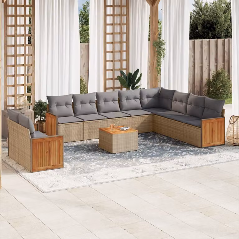 vidaXL Set Divani da Giardino 11 pz a forma di U con Cuscini Beige e Tavolino da Caffè in Polyrattan e Acciaio
