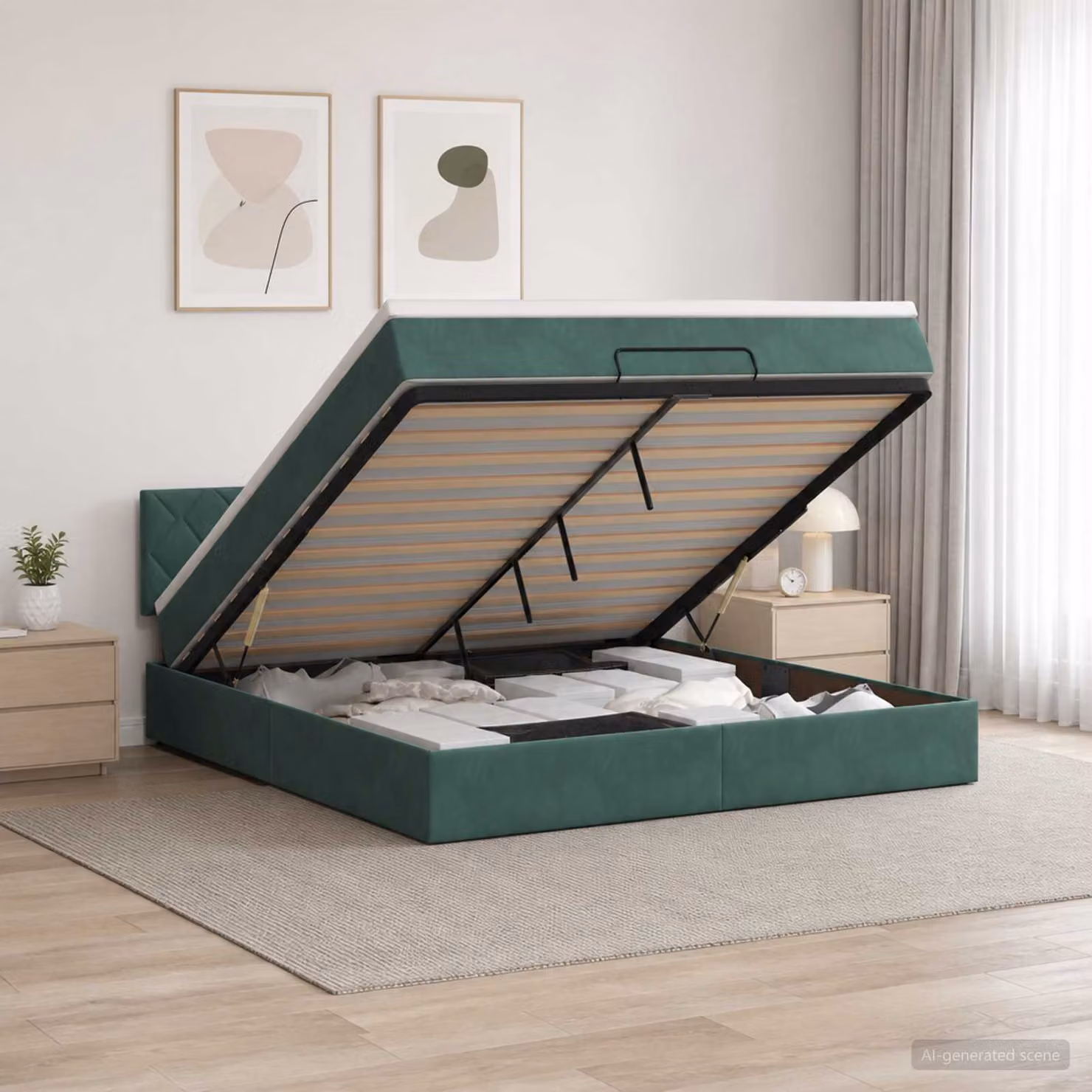 Letto ottomano con materasso vidaXL in velluto verde scuro L/P: 140 x 190 cm