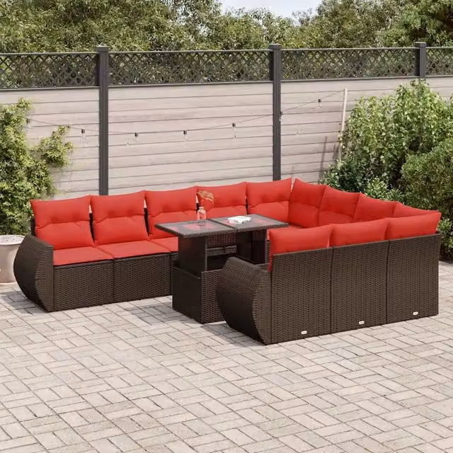 Set di divani da giardino vidaXL in polyrattan marrone con cuscini e tavolino da caffè, composizione a forma di U da 11 pezzi – 1