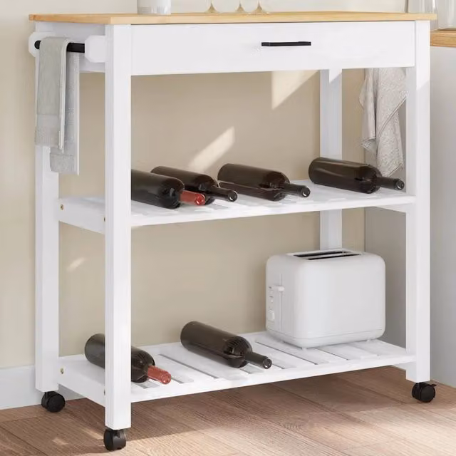 Carrello da cucina rustico vidaXL in legno di pino cerato e metallo, colore bianco, L 84 cm x P 40 cm x H 88,5 cm – 1