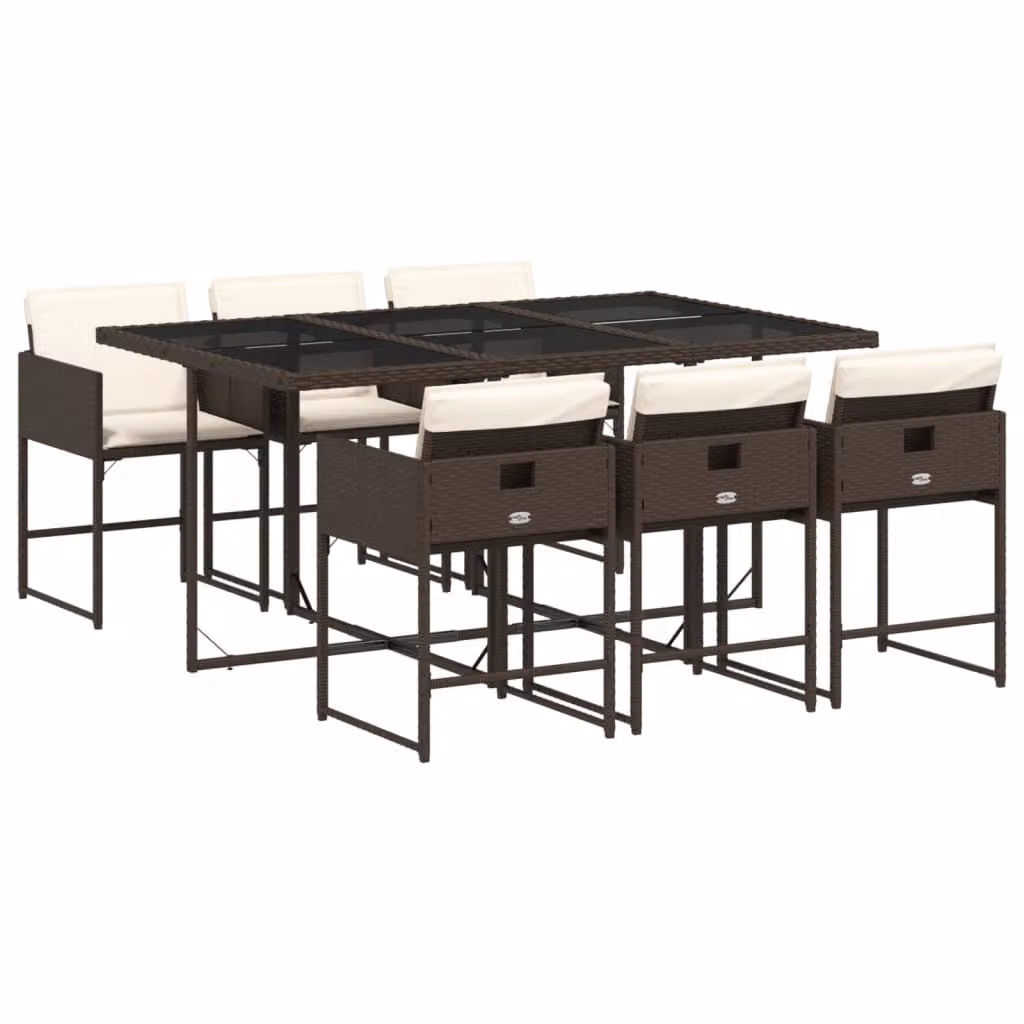 Set da Pranzo da Giardino 7pz con Cuscini in Polyrattan Marrone
