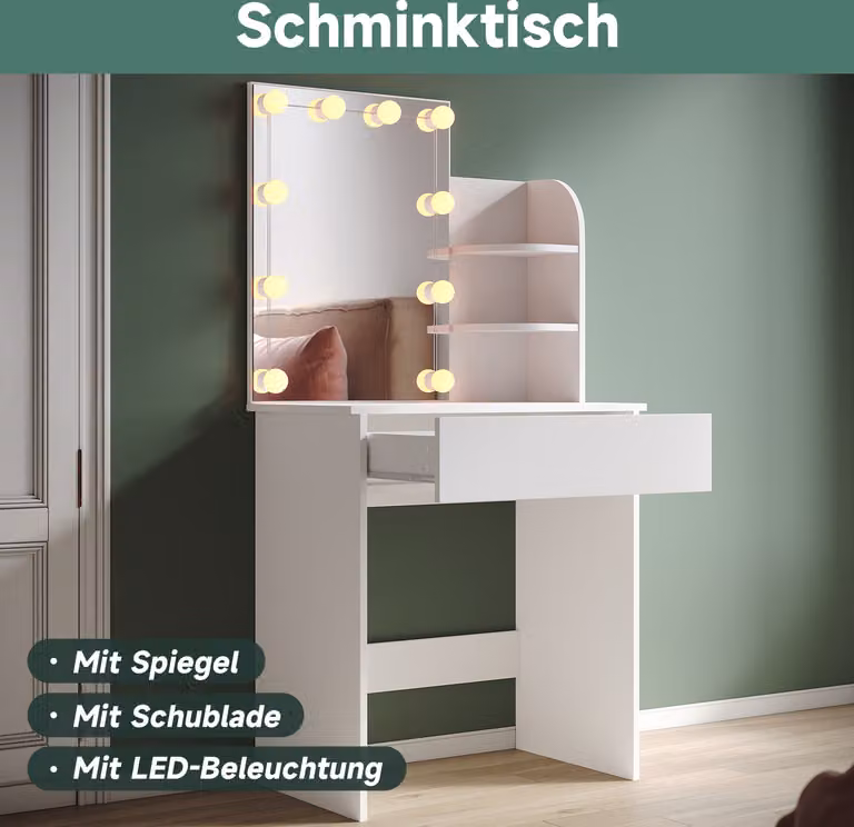 SONNI Tavolino compatto bianco, lampadina tricolore, luminosità regolabile, 70 x 40 x 140 cm