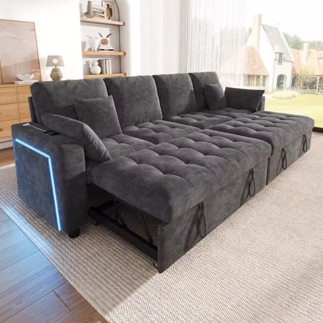 Divano letto angolare a 4 posti in ciniglia grigio con schienale regolabile USB e Type-C 89 × 262;5 × 140 cm
