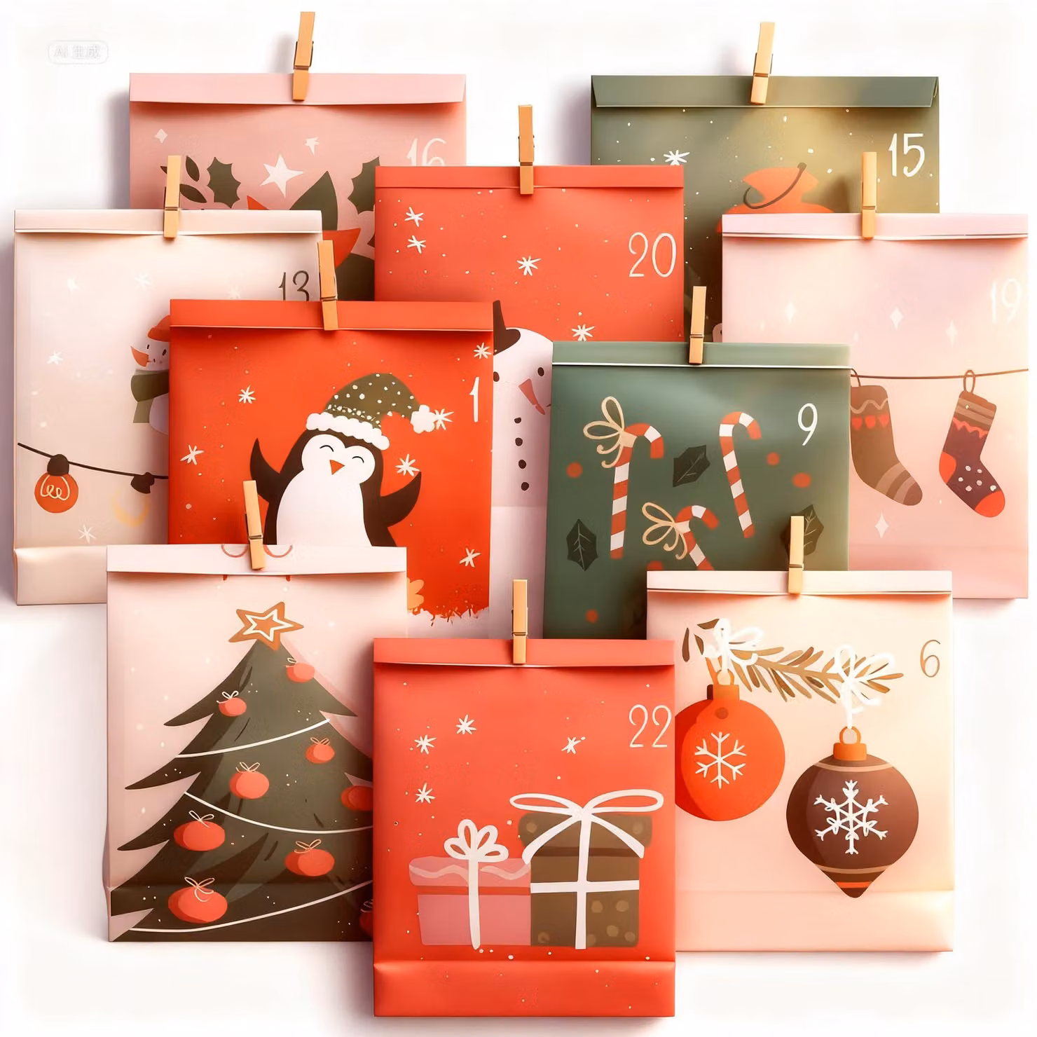 Calendario dell'Avvento da riempire, 24 sacchetti, carta kraft, corda di iuta, graffette di legno