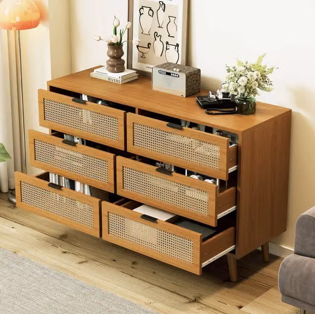 Cassettiera a 6 cassetti in truciolare; effetto rattan; noce; gambe in legno massello