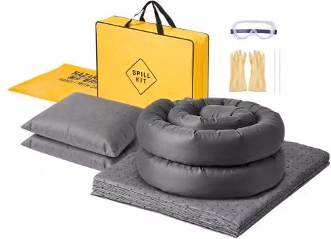 Kit Assorbente Vevor per Sversamenti di Olio e Acqua Giallo con 20 Panni, 2 Salsicciotti, 2 Cuscini, 2 Sacchi per Materiali Pericolosi e Borsa per Garage e Officina