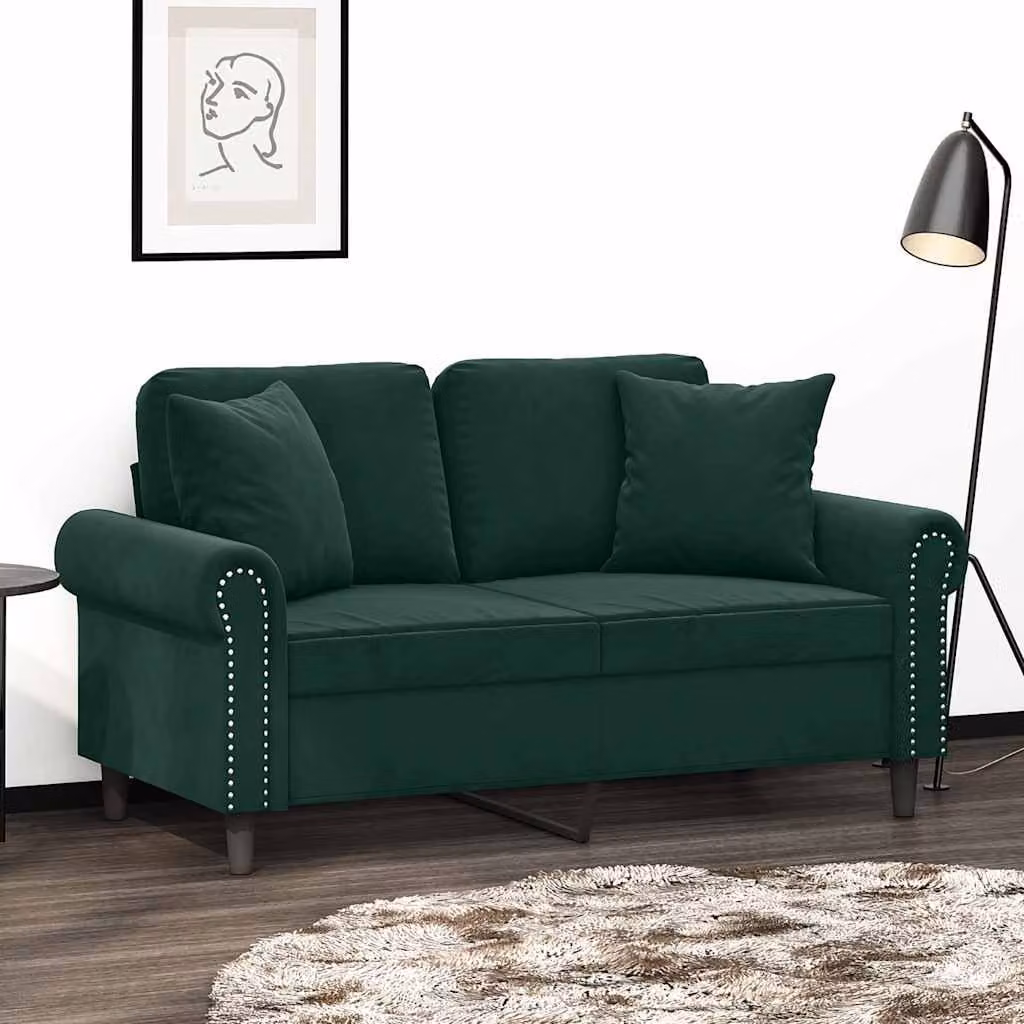 vidaXL Divano a 2 Posti Moderno in Velluto Verde con Cuscini e Struttura in Metallo L: 152 cm, P: 80 cm, H: 77 cm – 1