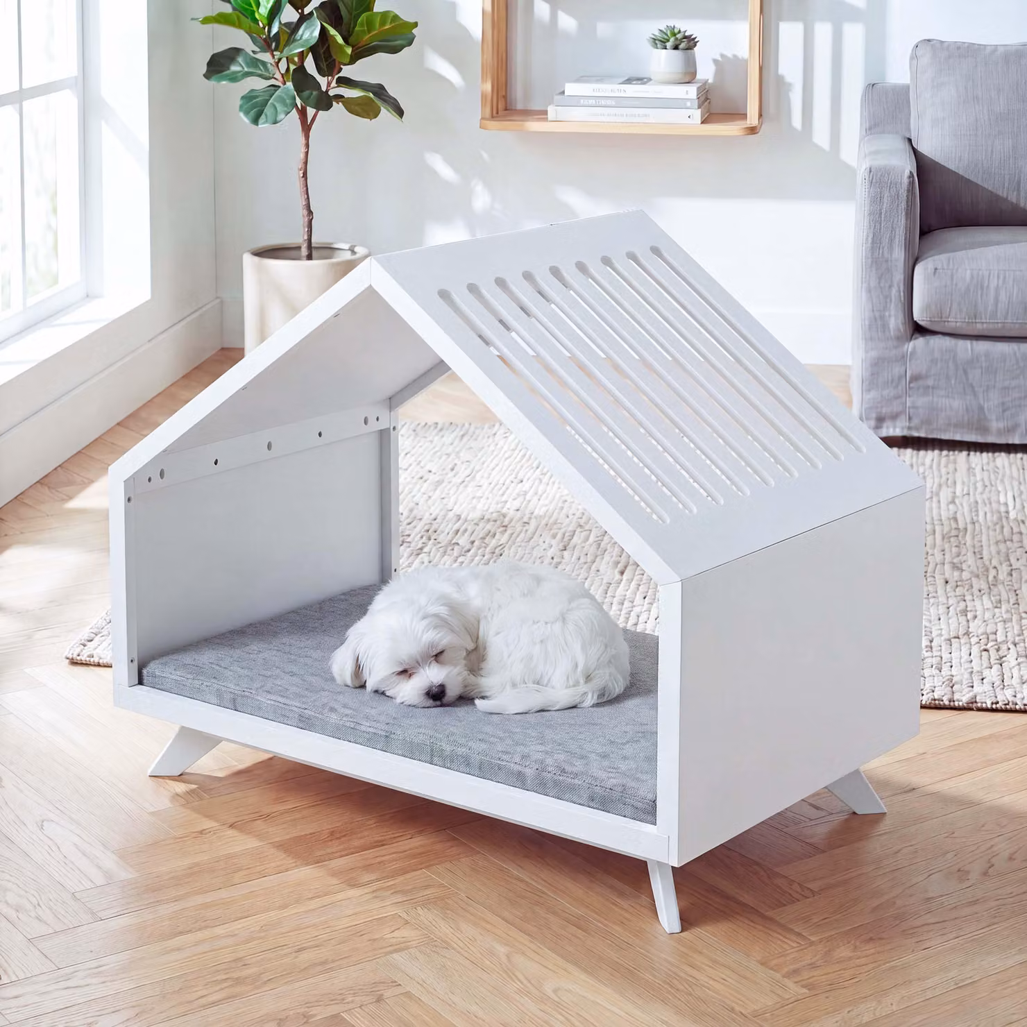 Cuccia per animali domestici HWC-Q65, adatta a cani e gatti, realizzata in legno ®, dimensioni 80x100x60 cm, colore bianco, cuscino grigio
