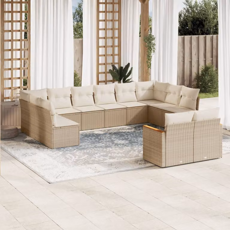 vidaXL Set Divani da Giardino 12 pz a Forma a U in Polyrattan con Cuscini Beige e Struttura in Acciaio Verniciato a Polvere
