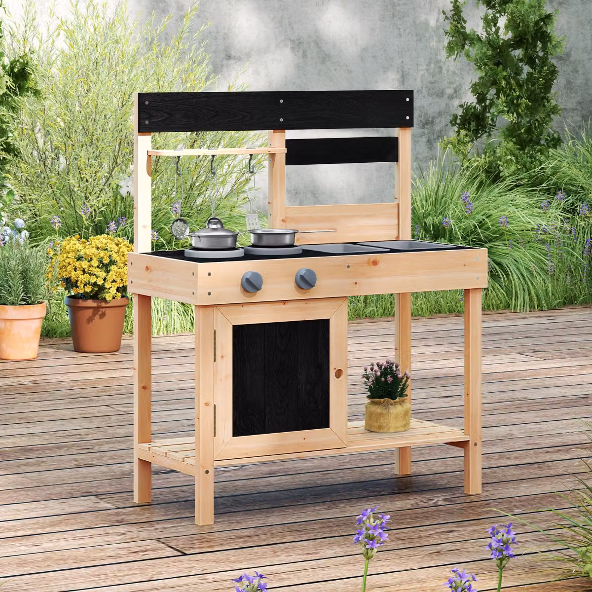 Cucina da esterno per bambini Costway in legno multicolore con 2 lavandini removibili