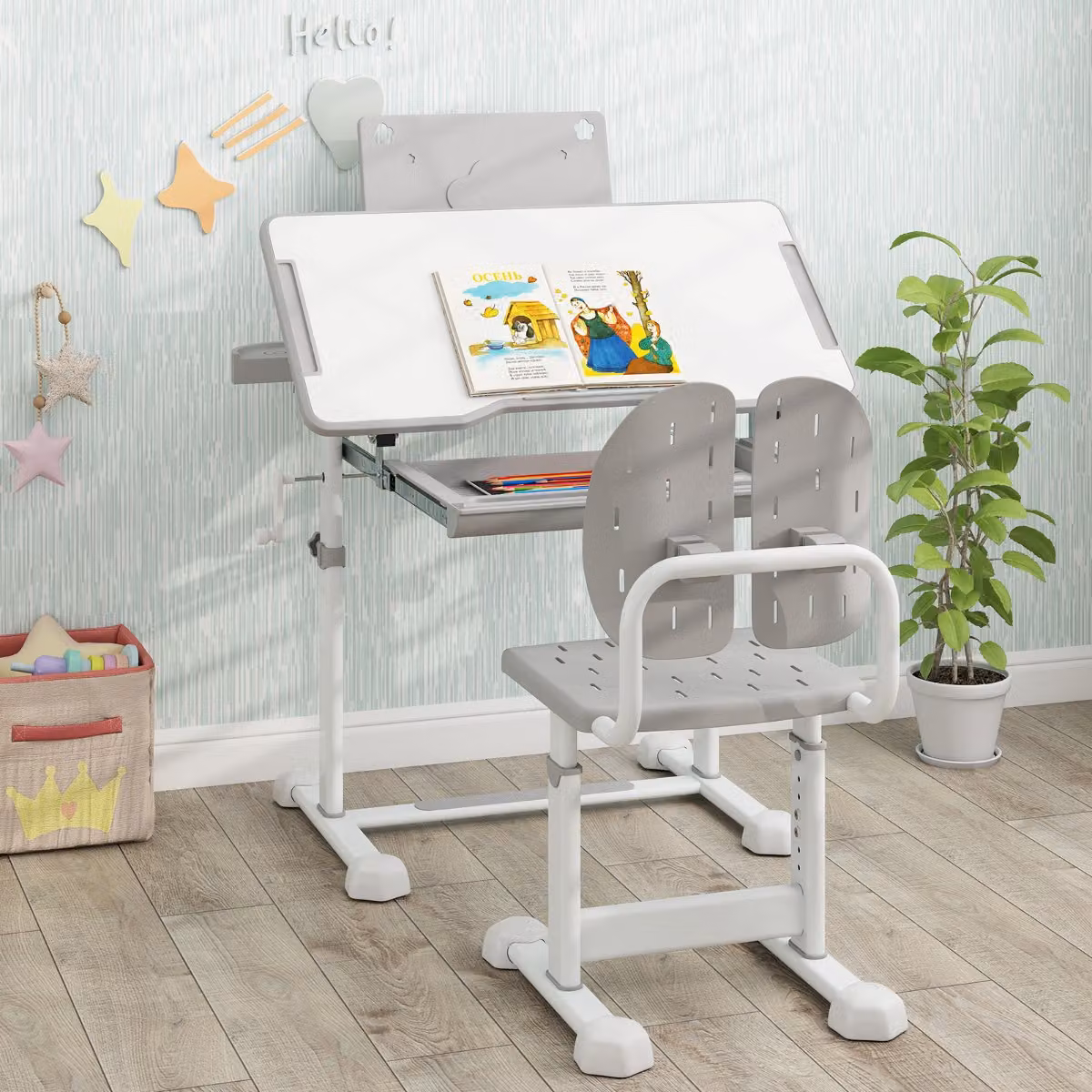 Set scrivania e sedia ergonomica per bambini Costway con piano inclinabile e altezza regolabile, Grigio