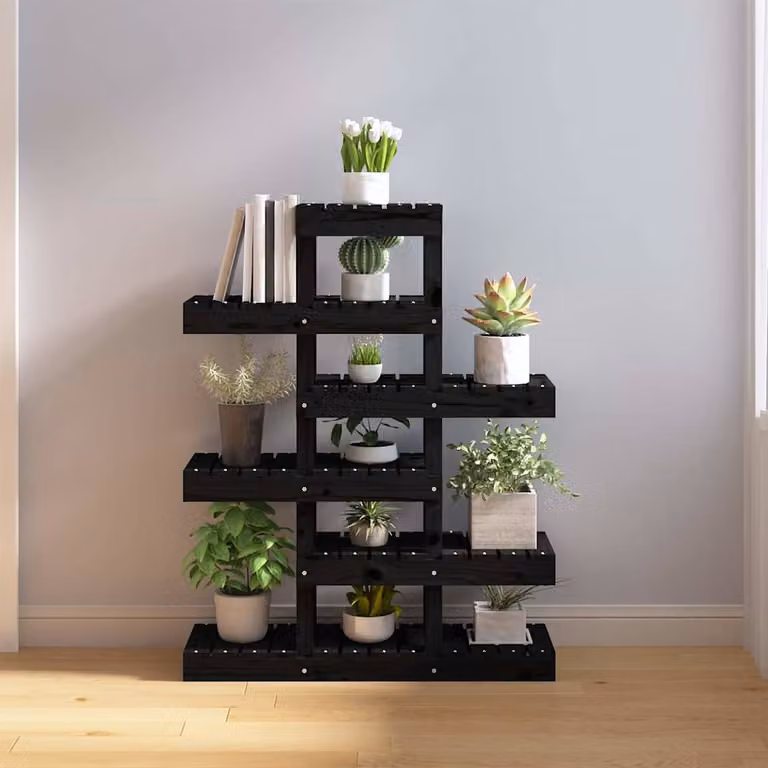 vidaXL Supporto per Piante in Legno di Pino Massello Nero, Stile Rustico, L/P/H: 85 x 25 x 109,5 cm