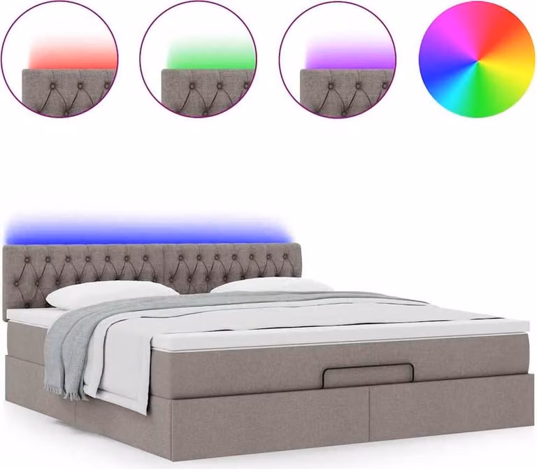Pouf Letto con Materasso e LED Tortora 180x200cm in Tessuto
