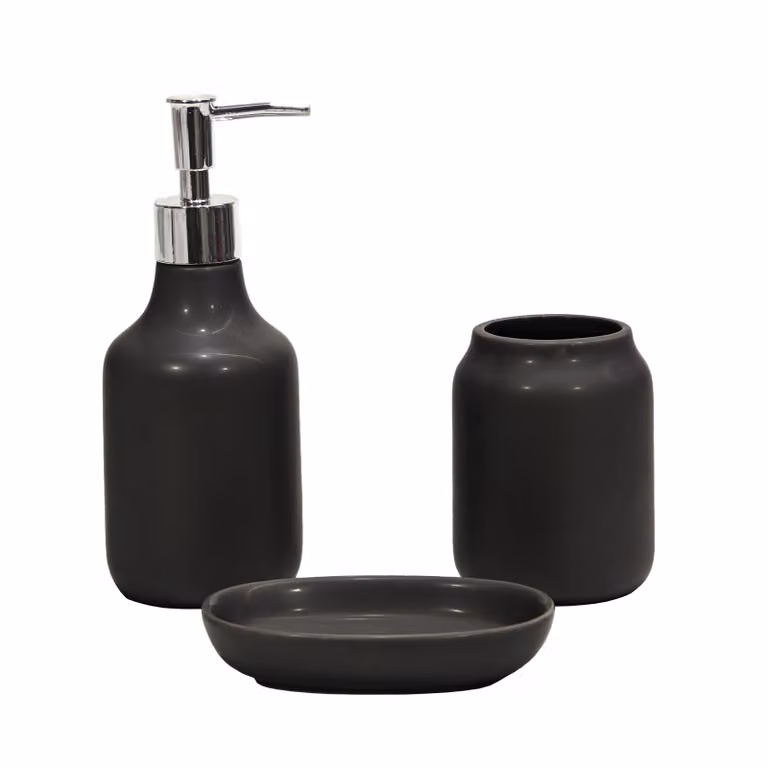 Set da bagno Vestiamo Casa in ceramica nero composto da 3 pezzi con dispenser di sapone, portaspazzolini e portasapone
