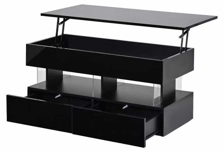 Tavolino da divano regolabile in altezza - Tavolino con piano sollevabile - 100 x 50 x 46 cm - 2 cassetti - Spazio contenitivo nascosto - MDF - Nero