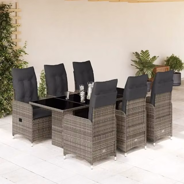 Set Bistrò da Giardino vidaXL in Polyrattan Grigio con Tavolo in Vetro e 7 Sedute – 1