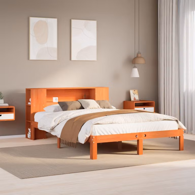 Letto Libreria vidaXL in Pino Massiccio Marrone Cera con Ripiani Laterali L/P/H: 140 x 200 cm
