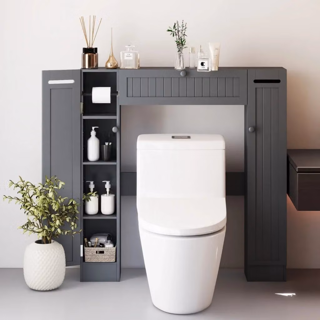 Mobile salvaspazio per bagno con ante a battente e ripiani interni, design moderno, colore grigio opaco – 2