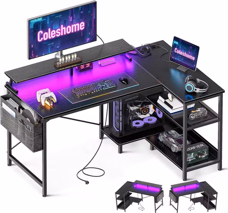 Scrivania da gioco a forma di L Prese di corrente a LED scaffale portamonitor nero