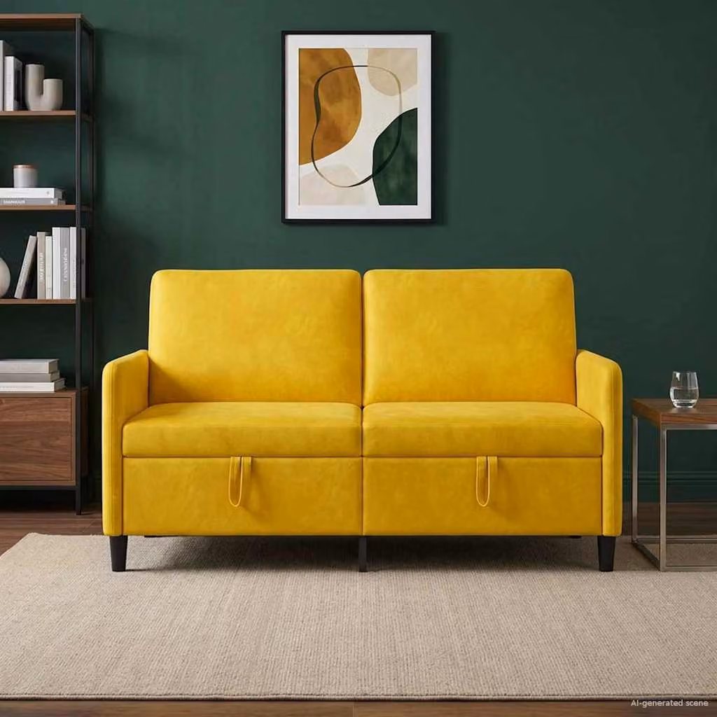 Divano moderno vidaXL con contenitore apribile, rivestimento in tessuto giallo e nero, L: 152 cm, P: 78 cm, H: 87 cm