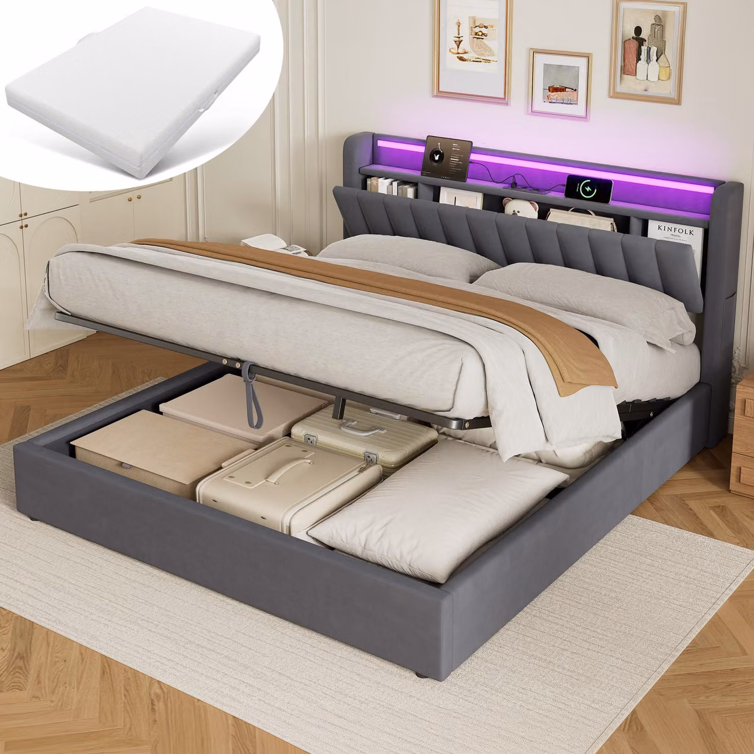 Letto imbottito MODFU 180 x 200, letto per ragazzi con materasso, luce a LED e prese elettriche, rete boxspring con contenitore, letto con spazio contenitivo, grigio