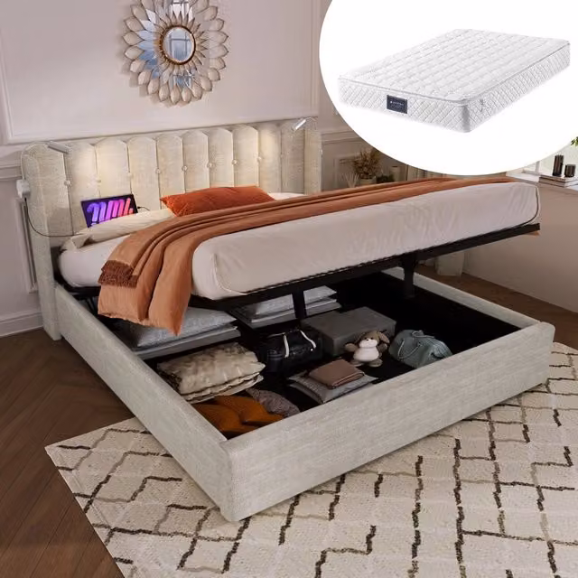 Letto Imbottito Matrimoniale con Contenitore e Luce LED ¨C MINIMAL ¨C Lino Naturale 160x200