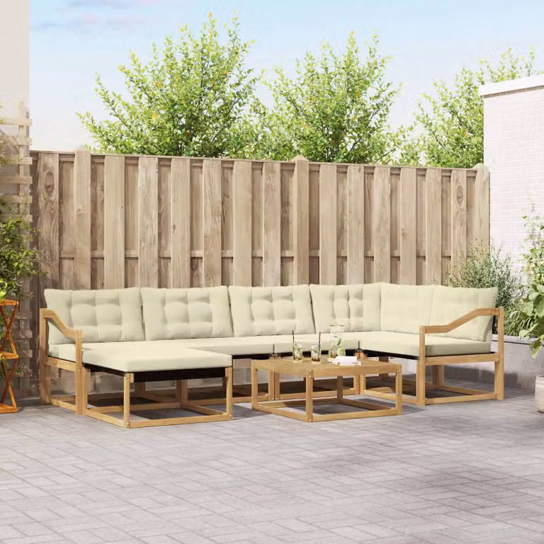Set di divani da esterno vidaXL 7 pz in legno di acacia con cuscini bianco e beige