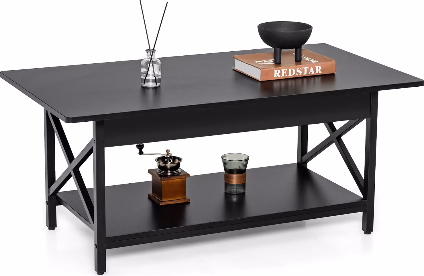 Tavolino da caffè COSTWAY, tavolino con ripiano, tavolino da salotto, tavolino da divano per soggiorno, 110 x 60 x 48 cm (nero)