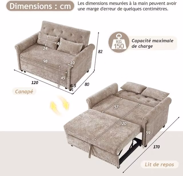 Divano letto 2 posti ¨C Minimal ¨C tessuto chenille beige con 2 cuscini