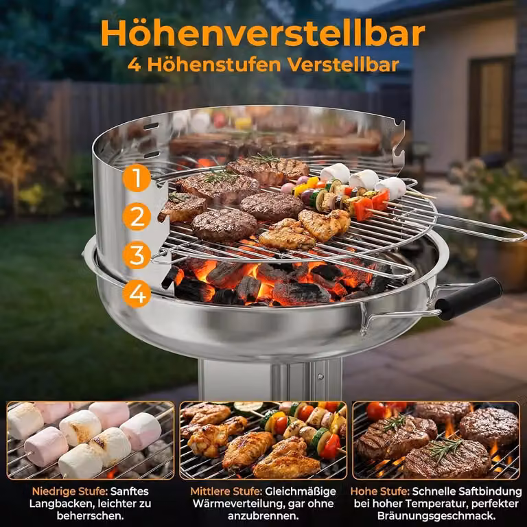 Barbecue a carbonella - Barbecue a colonna Barbecue a imbuto - Resistente alle intemperie in acciaio inossidabile - Griglia cromata regolabile in altezza - Vano cenere - Ventilazione - Accensione piezoelettrica - Verde