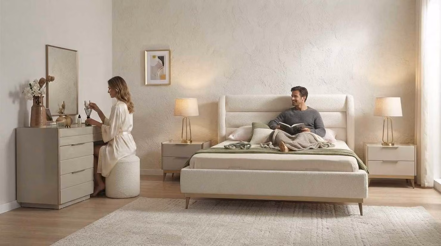 Schlafzimmer Set Beige Modern Luxus Bett Schminktisch 2x Nachttische