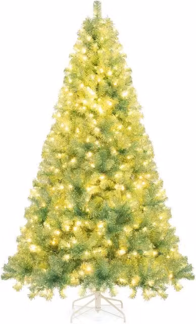 Albero di Natale Preilluminato COSTWAY Verde con 550 Luci LED Bianco Caldo e 1300 Rami Folti, Altezza: 225 cm