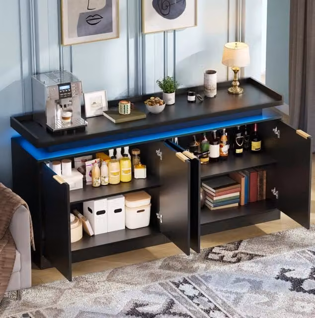 Credenza da cucina LED RGB nera 160×39×83 cm in MDF con 4 ante
