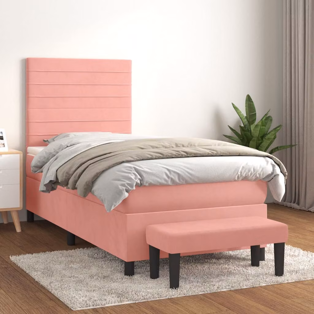 vidaXL Giroletto a Molle con Materasso Ibrido in Velluto Rosa e Bianco L/P/H: 200 x 80 x 128 cm – 1