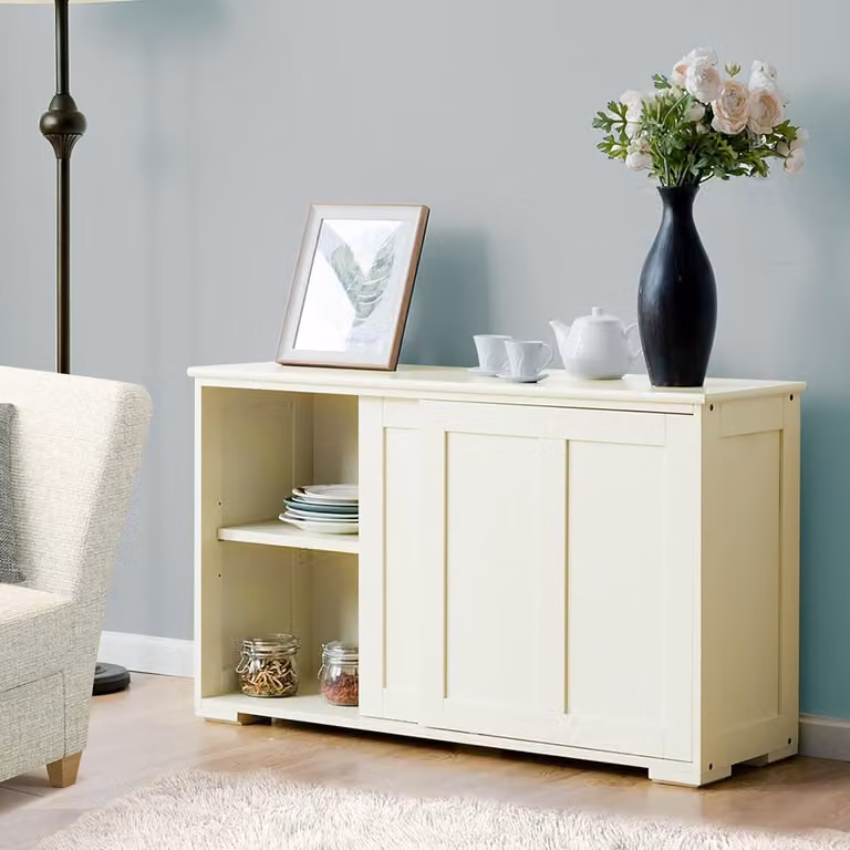 KOMFOTTEU Credenza, mobile da cucina in legno, mobile da cucina con ripiani regolabili e ante scorrevoli, credenza 107x33x60 cm per ingresso e sala da pranzo (bianco)