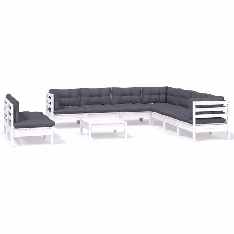 Set Divani da Giardino 10 pz con Cuscini Bianchi Legno di Pino