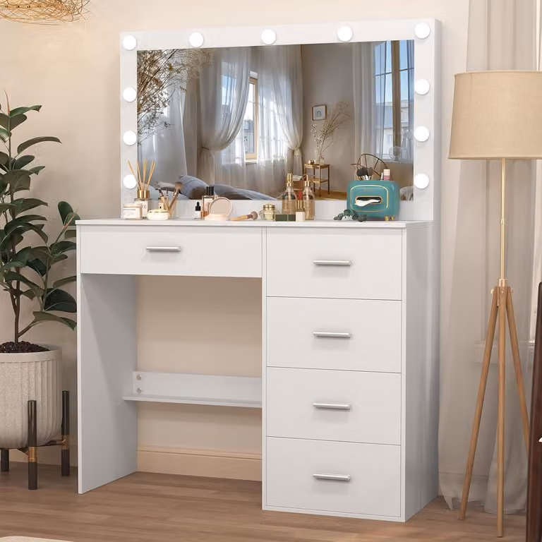 Comò da trucco con grande specchio e illuminazione a LED, 5 cassetti, bianco, 80 x 36 x 131 cm