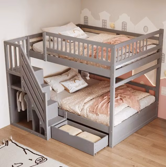Letto a castello 140x200 cm in legno grigio con scala contenitore e cassetti