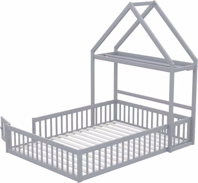 Letto per bambini 140 x 200 cm in legno massello con sponda protettiva, porte, spazio contenitivo e rete a doghe, grigio
