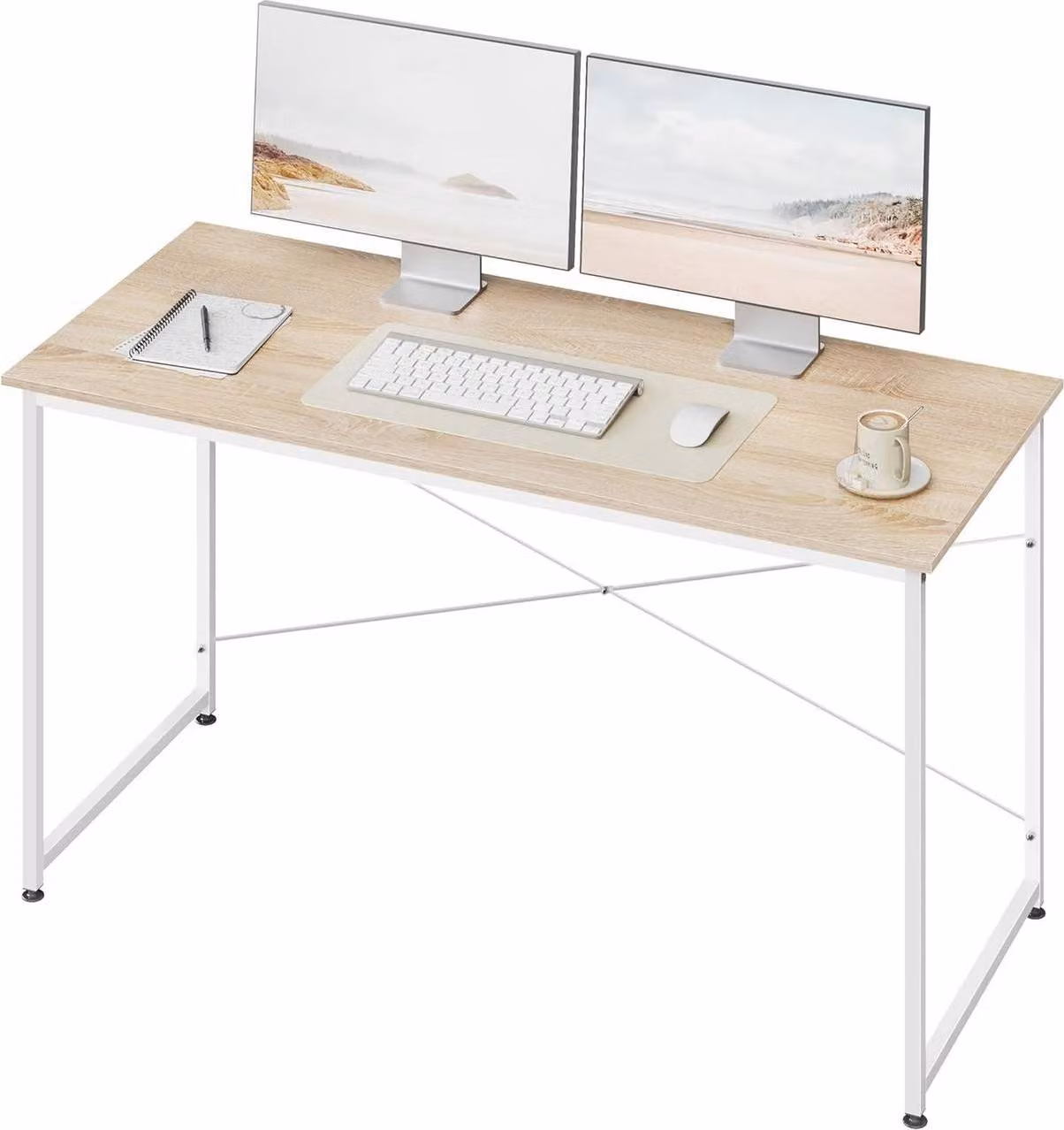 Scrivania con struttura in metallo | Impiallacciatura di faggio chiaro, bianco | 140x60x75 cm