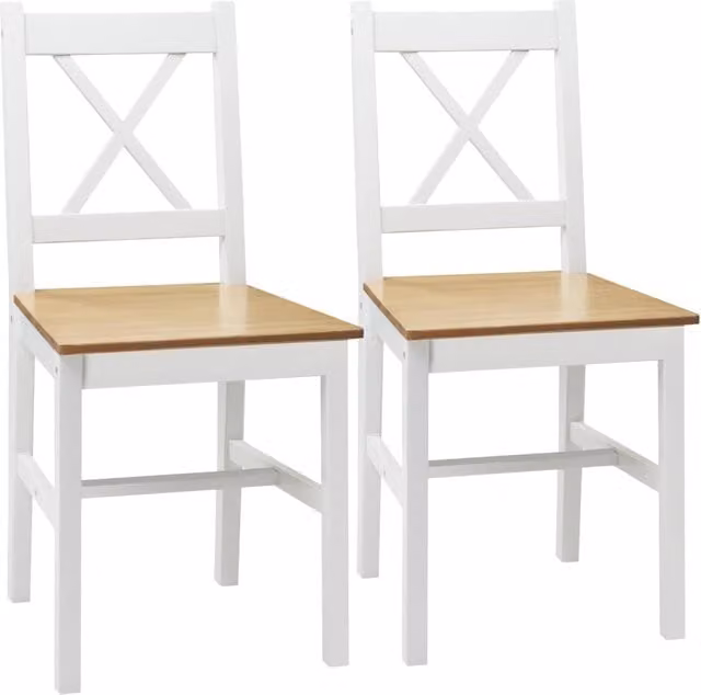 Set di 2 sedie da pranzo Xylo in legno massello di pino stile campagna con schienale incrociato, colore bianco e rovere